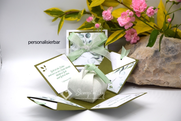 Explosionsbox Hochzeit ca. 7x7x7cm personalisierbar | Geldgeschenk | Zierschachtel | Motiv: Eukalyptus floral | olivgrün weiß | Art. Nr. 03020604
